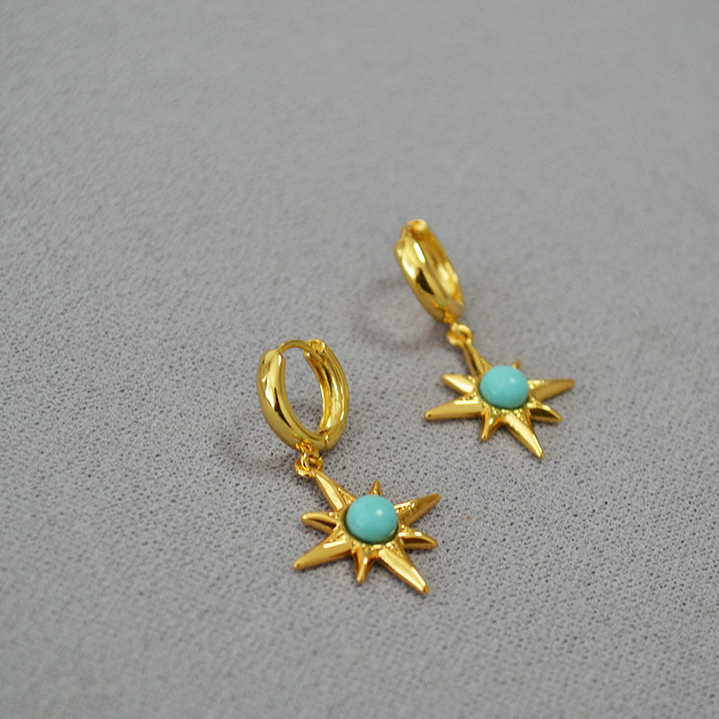 欧美跨境小众设计复古简约八芒星镶嵌绿松石黄铜镀金耳环耳扣耳饰详情6