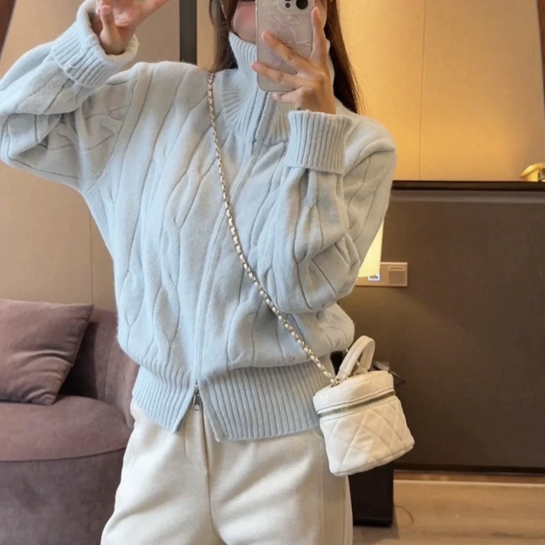 Solid-color casual double-zipper twisted knit cardigan coat, fashionable and versatile, new autumn and winter style sweater top for women pic 13