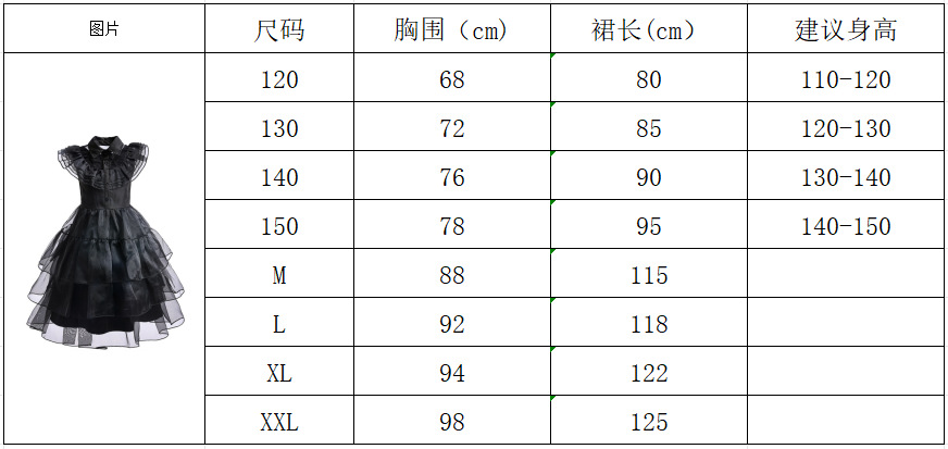 欧美女童网纱蓬蓬裙万圣节COS亚当斯星期三女公主长裙黑色连衣裙详情1