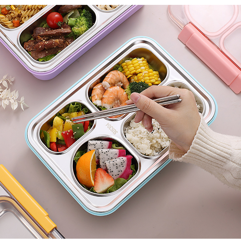 Simple Japanese-style four-compartment lunch box with bowl, 304 stainless steel sealed lunch box, portable lunch box for students and office workers, with spoons and chopsticks pic 12