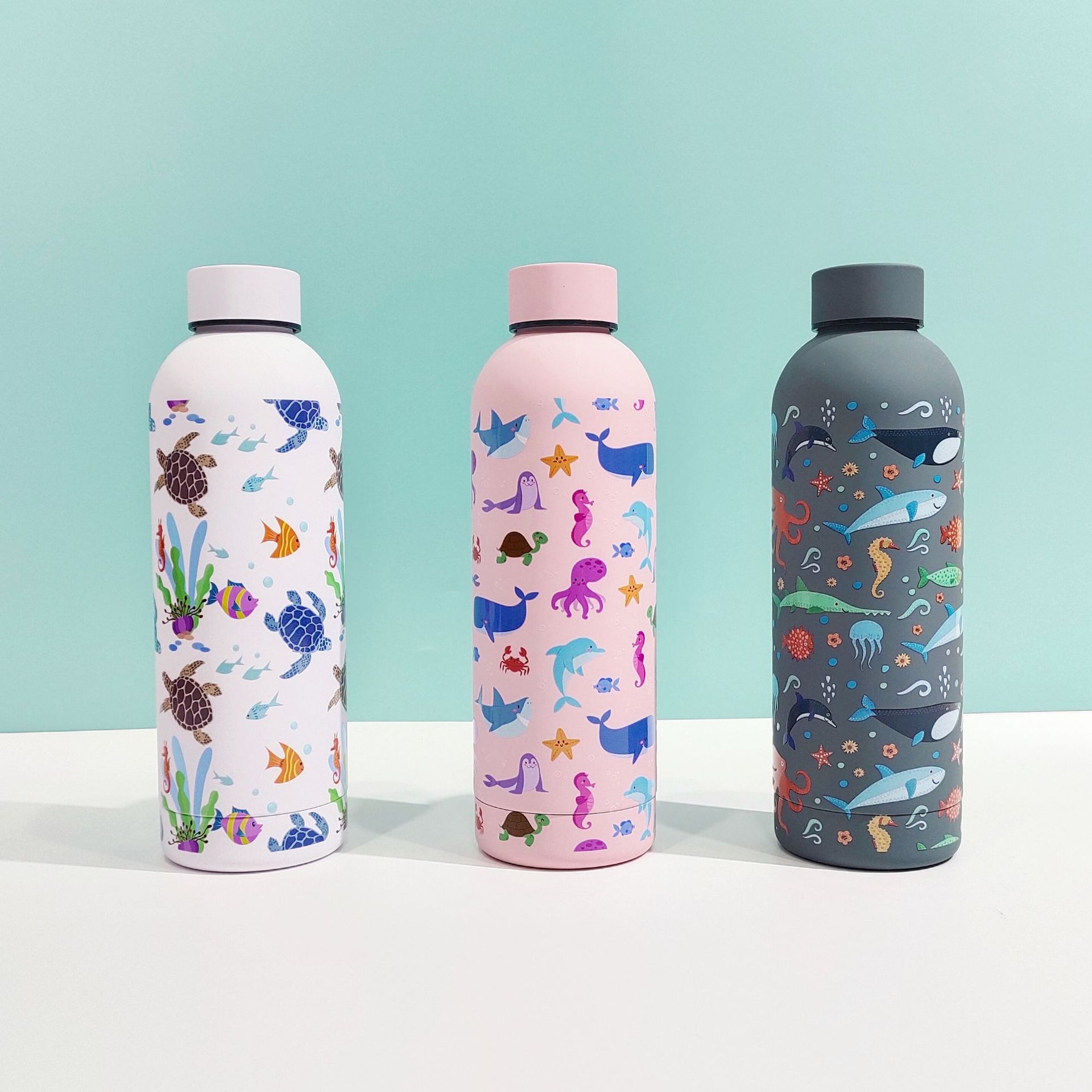 外贸新款不锈钢小口瓶保温杯海洋精美图案户外便携式美式运动水瓶详情1