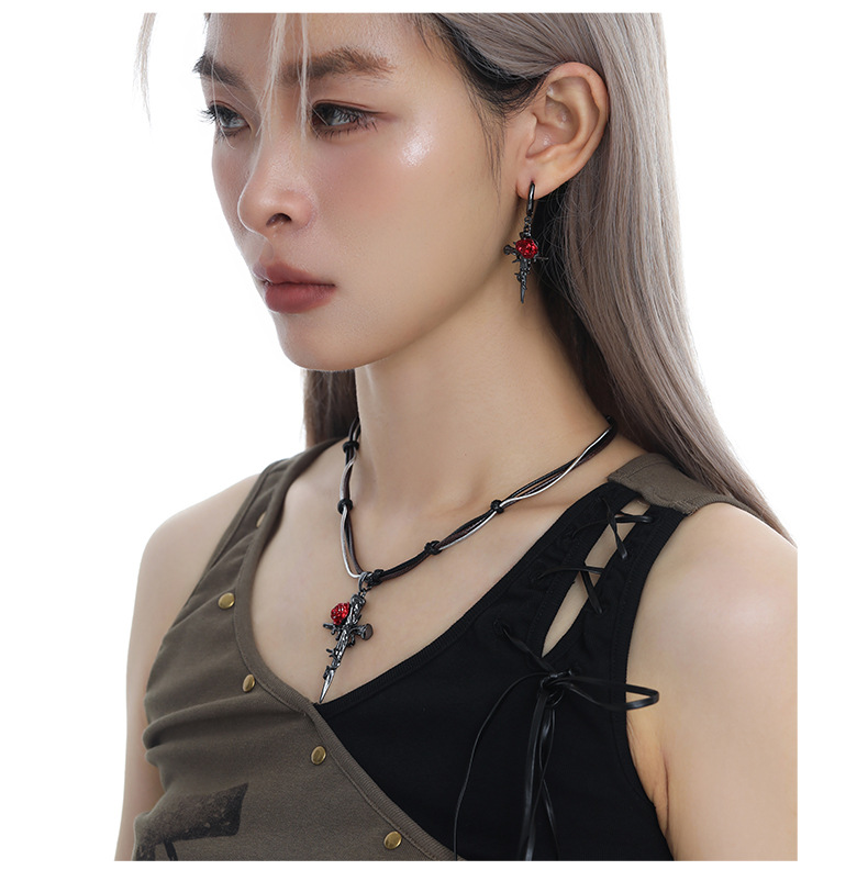 Dark Gothic style red rose entwined cross pendant necklace with a unique female design sense, black woven collarbone chain pic 8