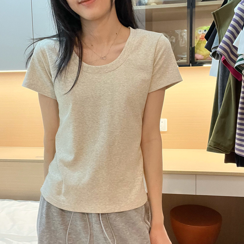 【高品质纯棉】u领收腰正肩显瘦大领口修身短袖T恤女打底衫上衣夏详情20