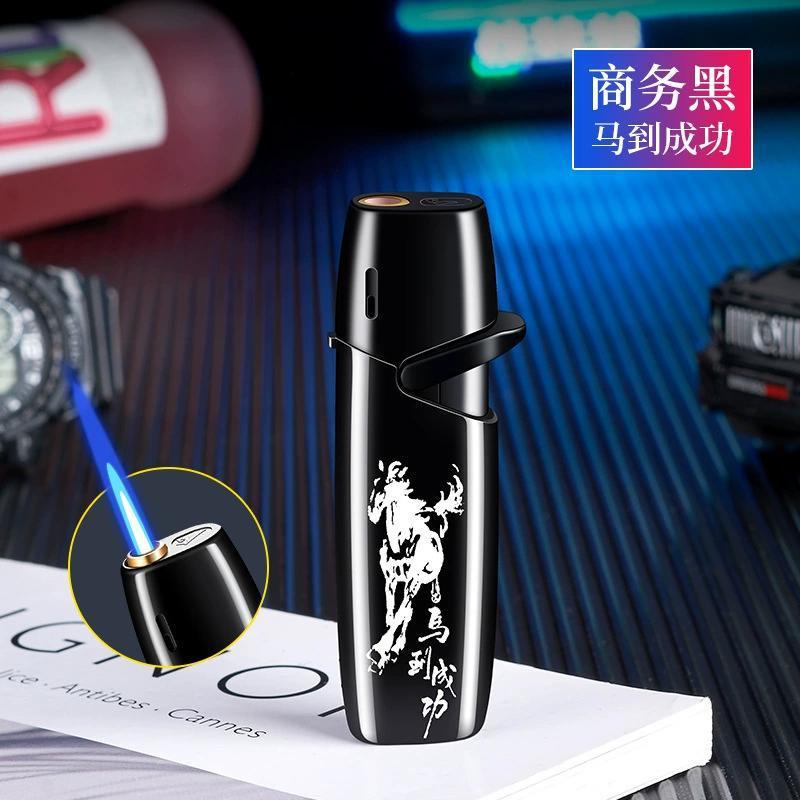 防风充气打火机金属防爆个性图案蓝色火焰时尚纤细摇臂点烟器详情4
