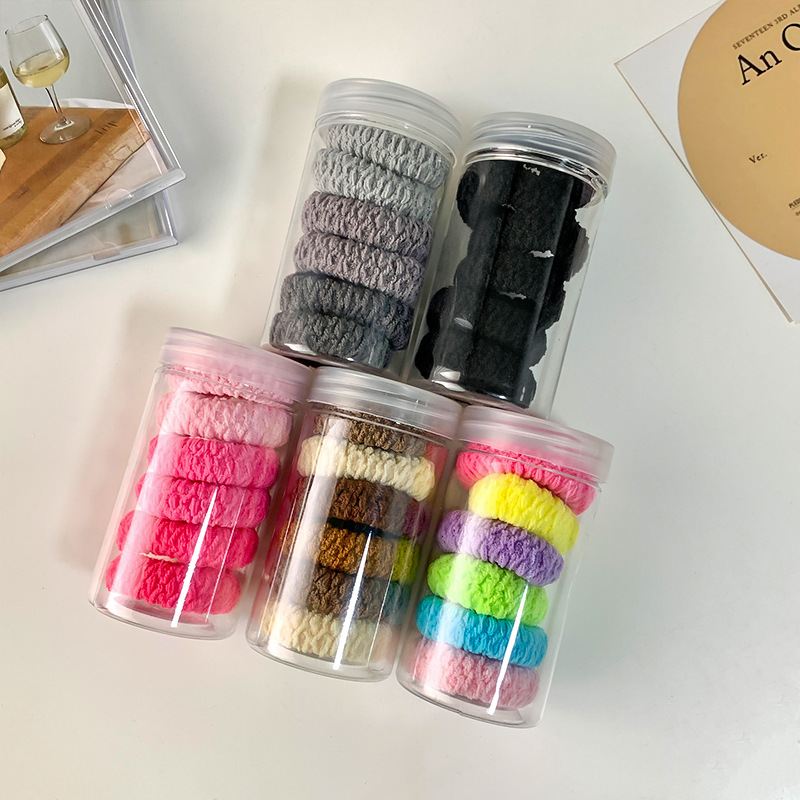 新款简约高马尾头绳加厚加粗毛巾圈无接缝彩色高弹力罐装头绳发绳详情2