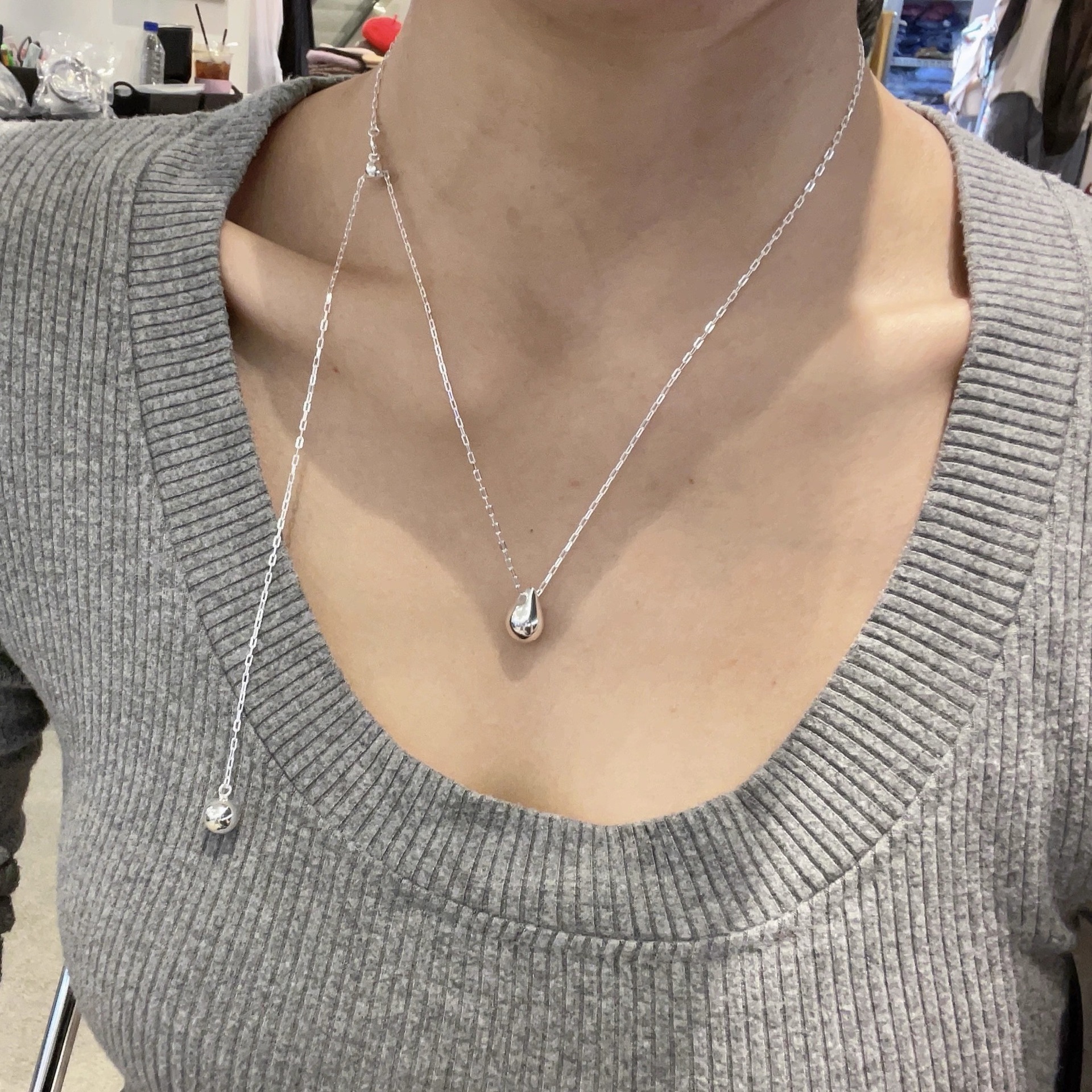 S925 sterling silver 12.8 pull-out water drop necklace, with a high-end, light luxury and niche design, simple and fashionable sweater necklace for women pic 2