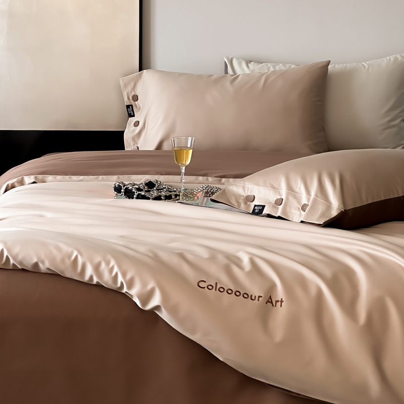 Simple, light luxury and fashionable solid-color long-staple cotton four-piece set, pure cotton letter-embroidered duvet cover, double bedding pic 66
