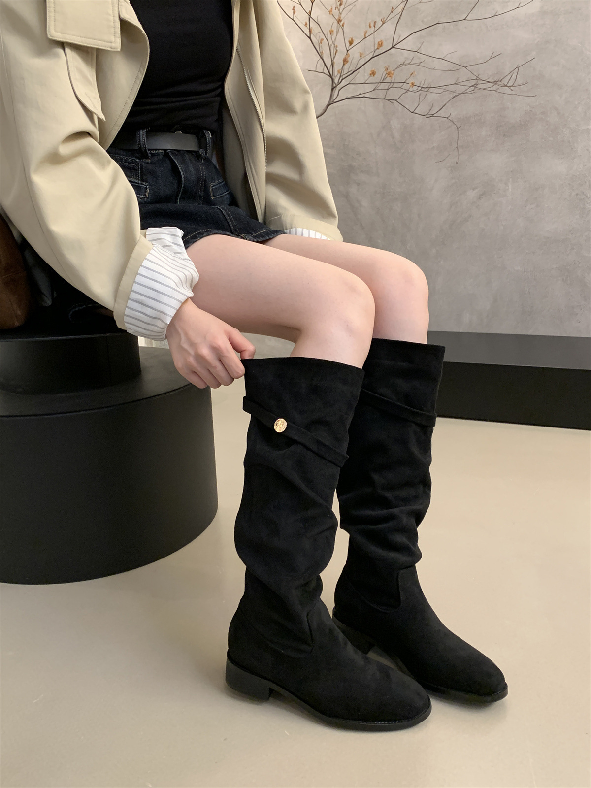 绒面瘦瘦靴卡其色堆堆骑士靴女2025新款秋冬季显瘦高筒粗跟长靴子详情7