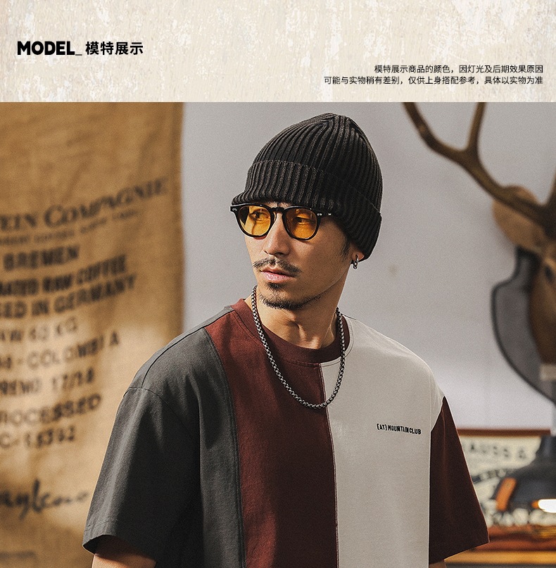 拼接撞色设计短袖男夏季2025新款美式复古重磅T恤男纯棉宽松上衣详情8