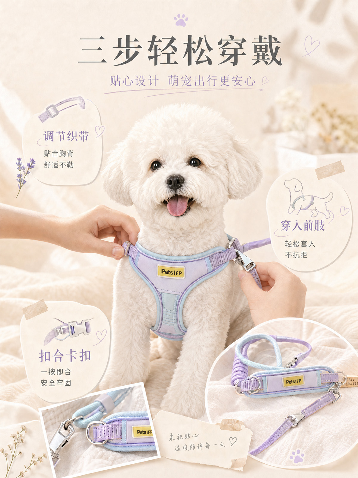 Wholesale macaron color-block pet chest and back straps, reflective dog leashes, anti-escape and anti-collision dog leashes pic 10