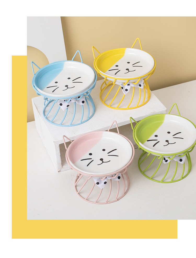 Wow custom cat bowl, ceramic high-legged neck guard, large-mouthed pet food bowl, Garfield cat special flat face bowl snack plate pic 10