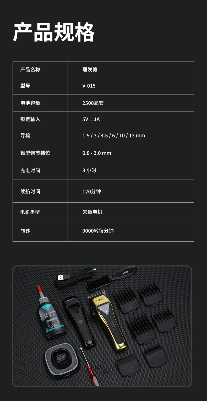 VGR015跨境电推剪专业沙龙发廊男士带底座磁悬浮礼盒款理发器套装详情10