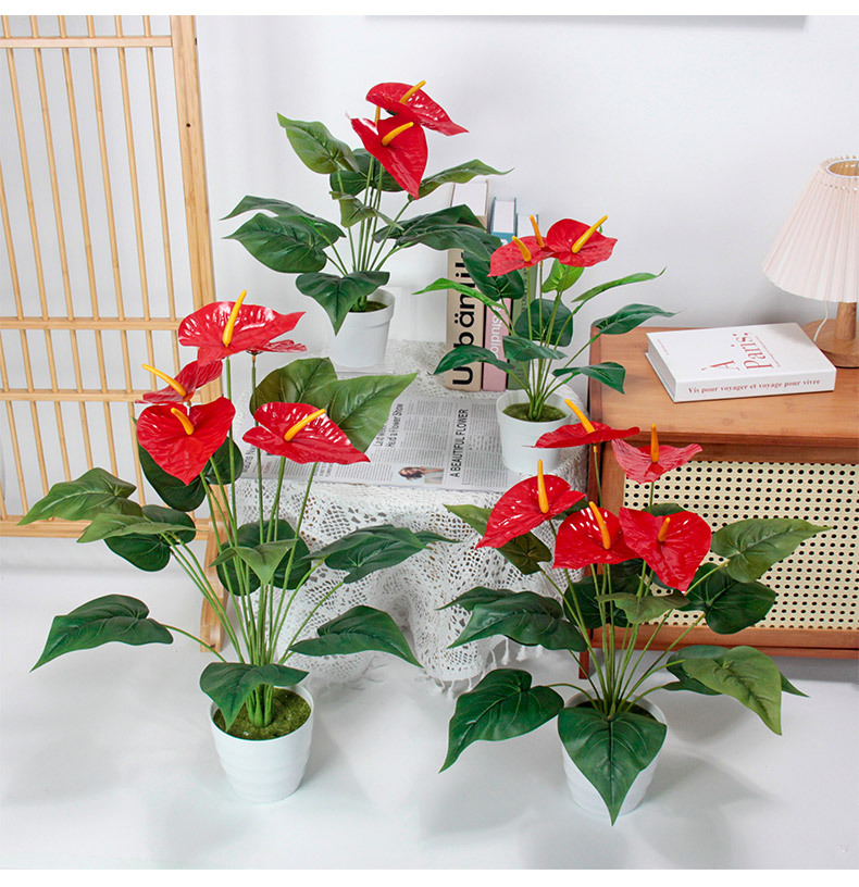 Finished handcrafted red artificial flower anthurium decoration, wedding spring plants, kalanchoe potted artificial green plants, office culture pic 1
