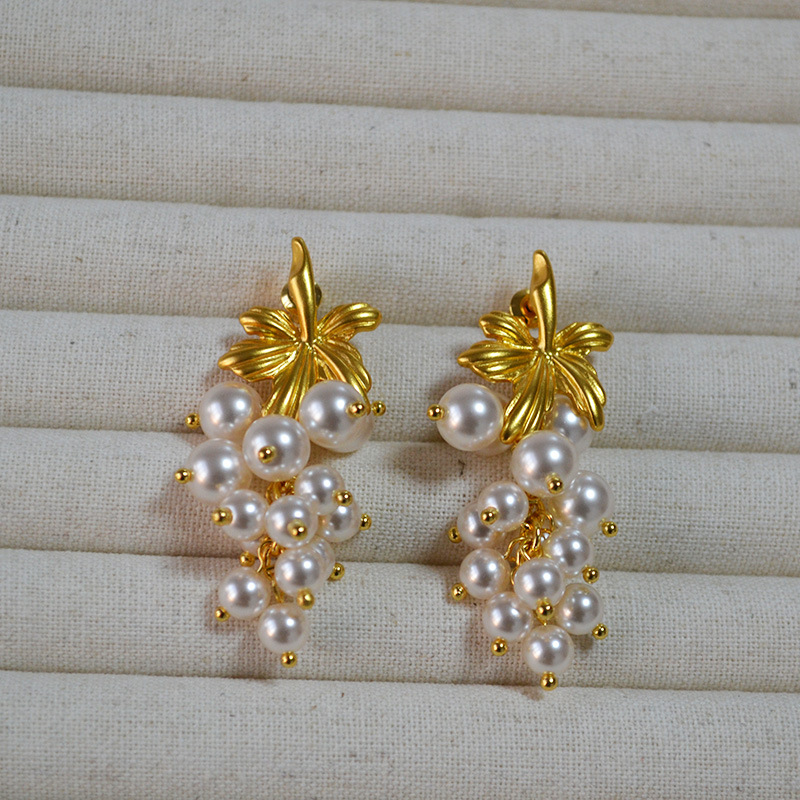 欧美复古文艺石头串珠树叶葡萄珍珠法式小众气质925银针耳环耳饰详情3