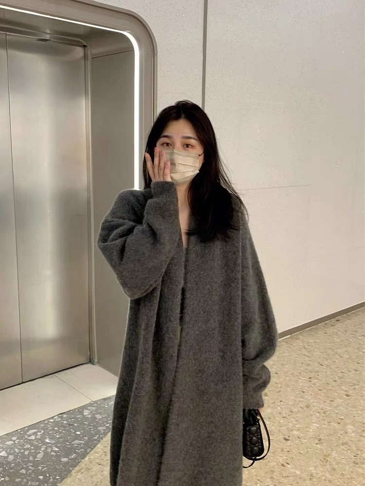 KANING灰色中长款过膝毛衣外套女2025春季慵懒风薄百搭针织衫开衫详情4