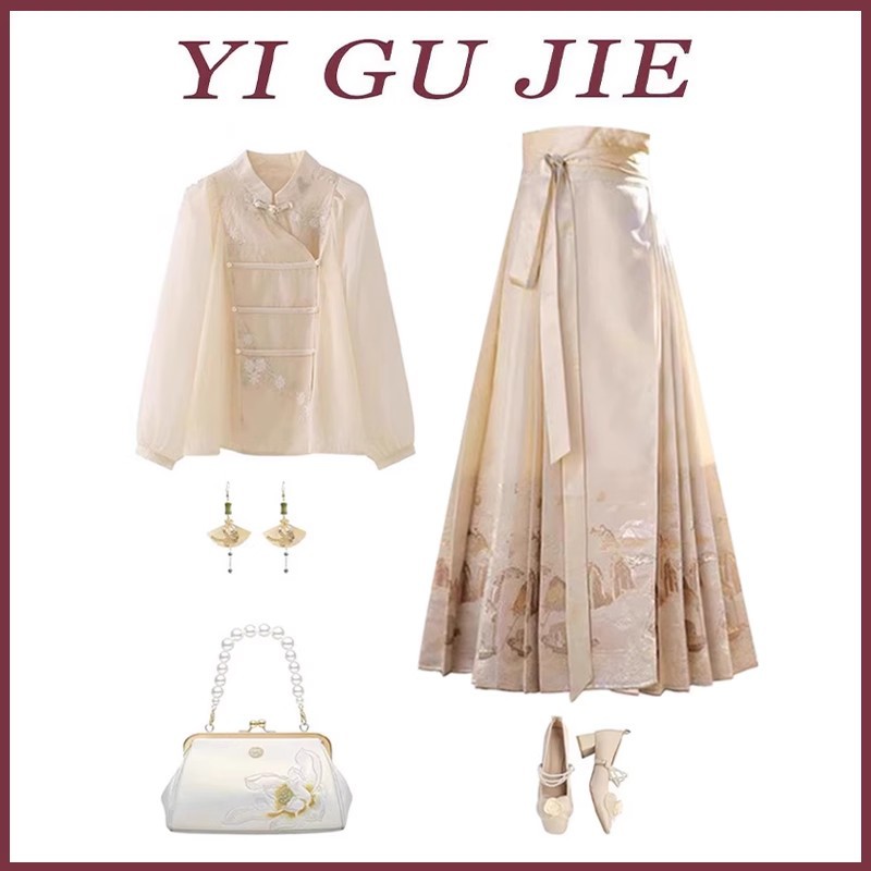 大码春季新中式国风套装裙女改良汉服衬衫高级感显瘦国潮马面裙两件套详情2