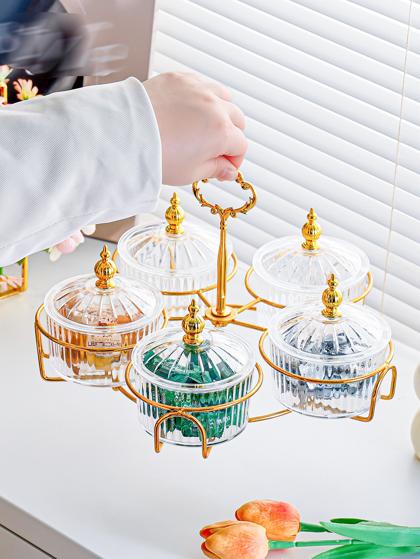 北欧干果碟零食盘小吃碟透明圆形水果盘点心分格盘铁艺带盖盒详情2