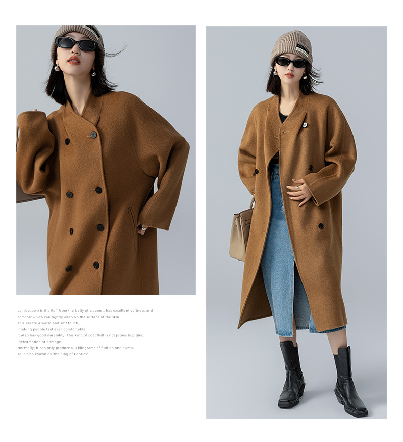 The new stand-up collar double-sided cashmere coat for women in the spring and autumn of 2025 is a long cocoon-shaped alpaca wool woolen coat. It is a popular woolen coat pic 18