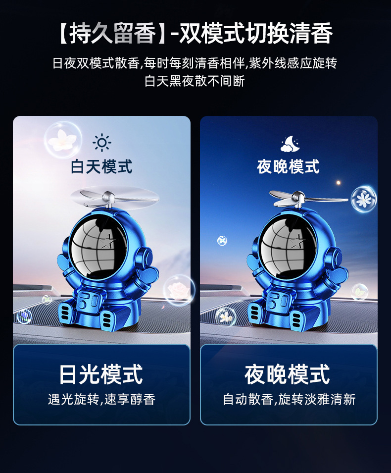 新款太阳能车载摆件太空人三色旋转香薰持久散香创意设计车用装饰详情4