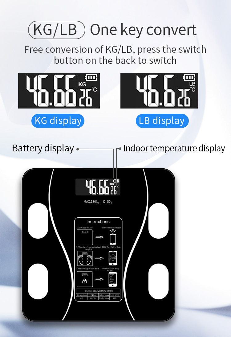外贸跨境专供蓝牙体重秤智能家用电子人体秤健康称体脂秤APP代发详情22