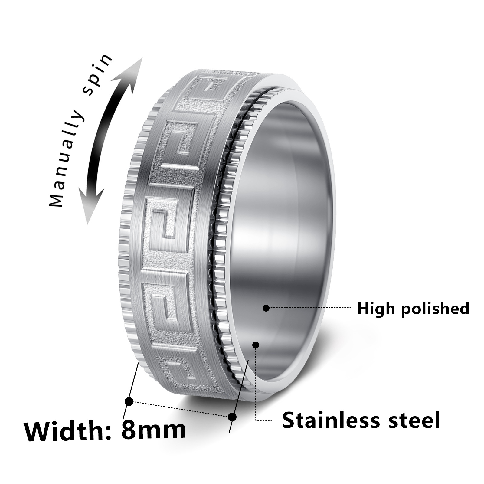 Cross-border bestseller titanium steel ring, stress-relieving and anti-anxiety rotating Ruyi Great Wall pattern fashionable couple rotating ring jewelry pic 2