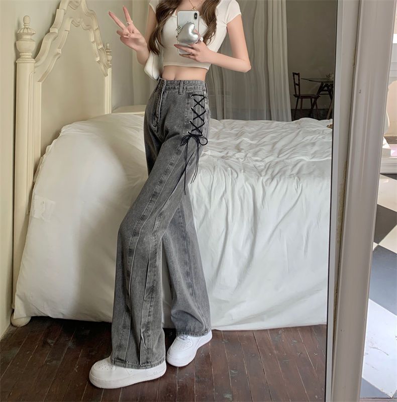 烟灰色直筒牛仔裤女2024春秋新款窄版阔腿裤高腰显瘦百搭烟管裤XH详情2