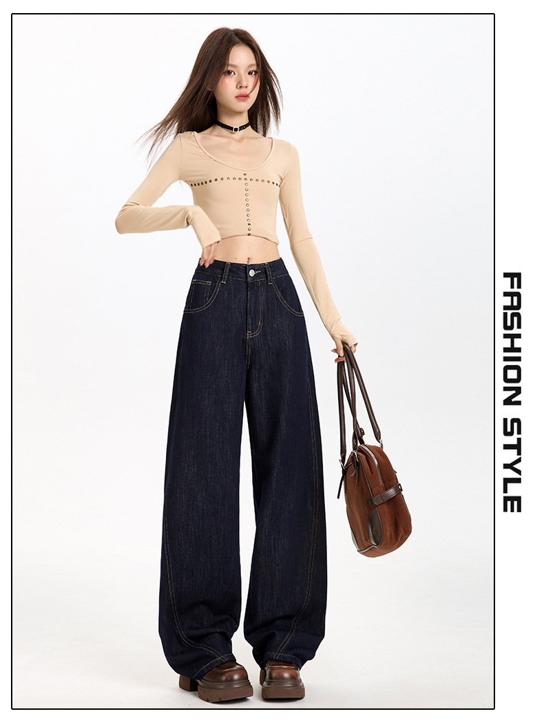 丹宁蓝色宽松廓形弯刀牛仔裤女2025年秋季新款高腰显瘦直筒阔腿裤详情14
