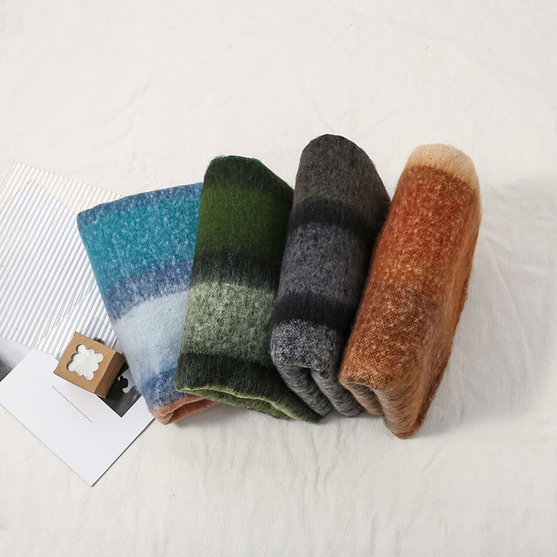 Korean striped scarf for women in autumn and winter, colorful mohair, warm and versatile shawl, atmosphere, trendy and fashionable scarf pic 4