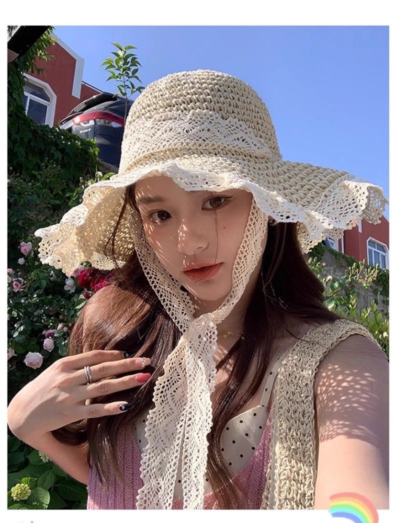 草帽海边帽子ins系带草编帽女出游防晒沙滩太阳帽蕾丝遮阳帽详情4