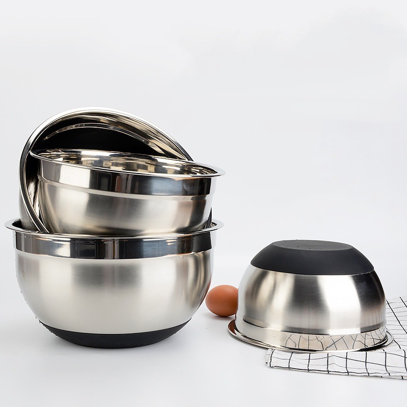 Stainless steel salad bowl, khaki black silicone bottom, anti-slip cover, grater, egg beater set, baking mixing bowl pic 12