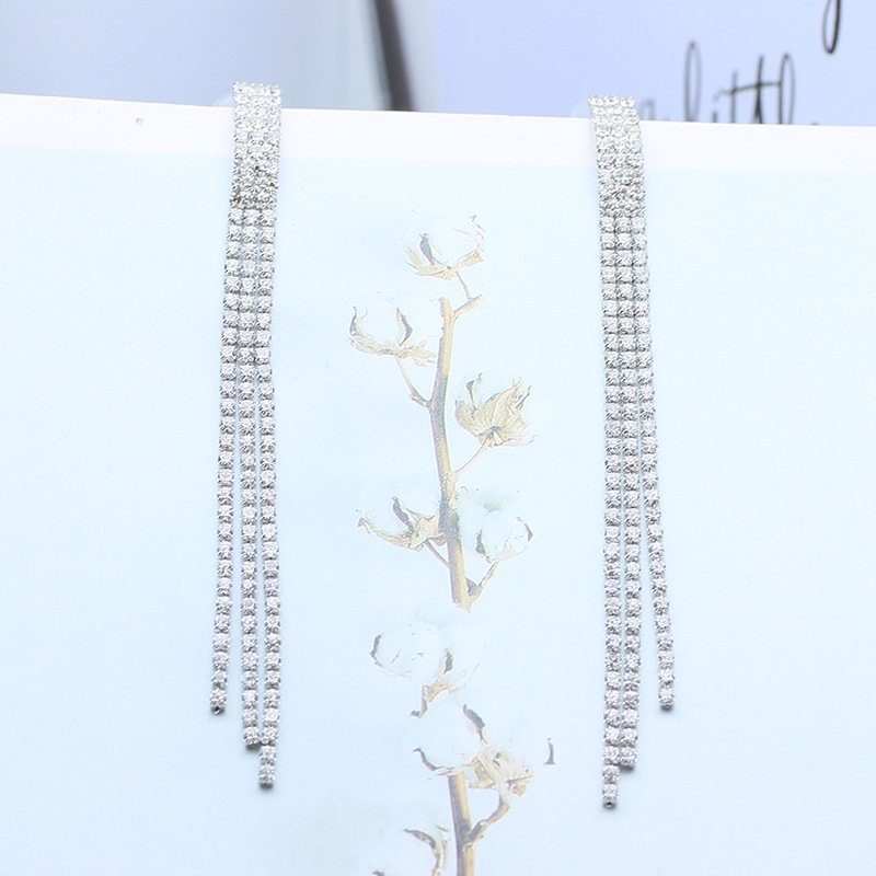 S925银针耳饰欧美时尚镶满钻耳坠简约复古水滴耳钉长款流苏耳环详情2