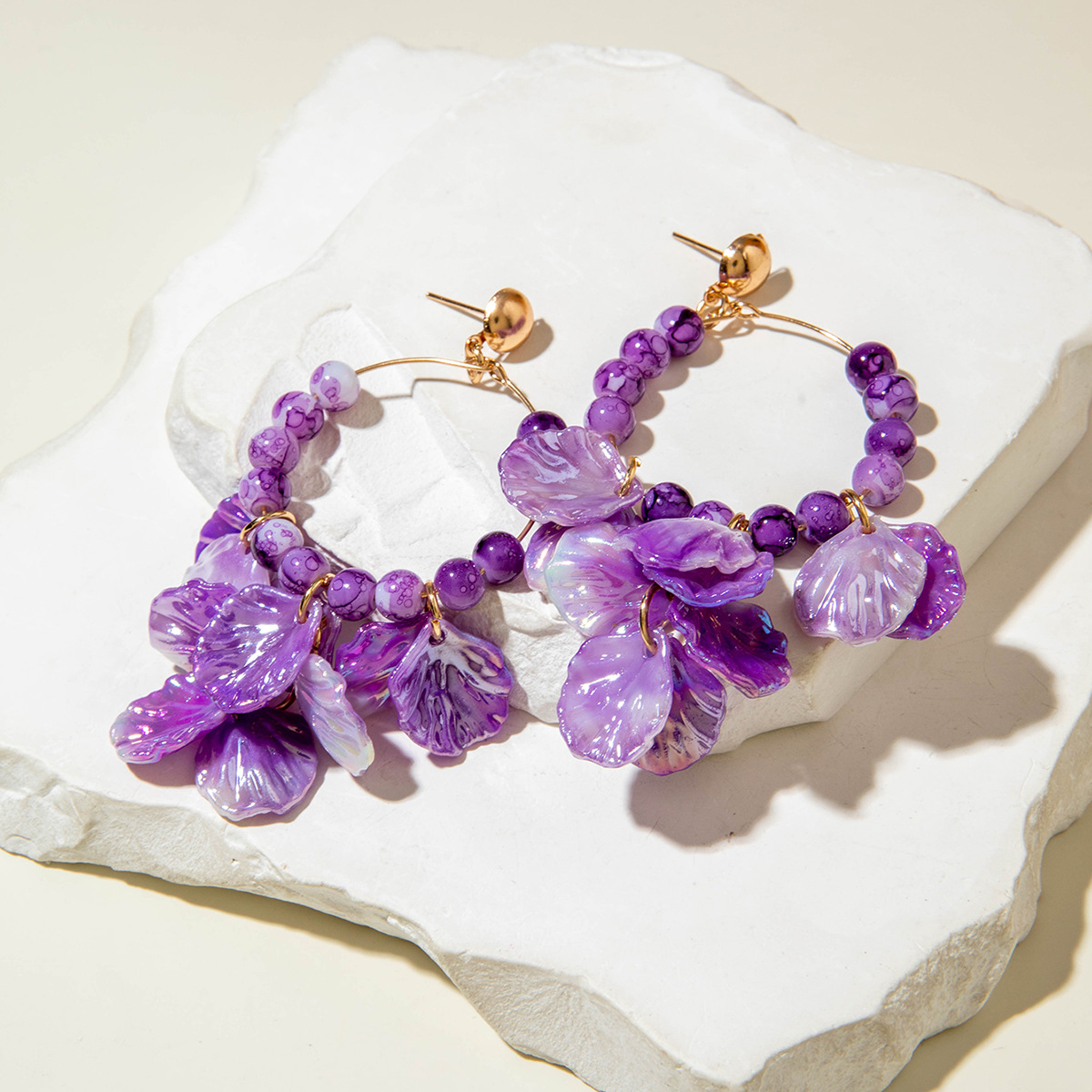 欧美跨境个性饰品紫色椭圆松石耳坠小众设计感玫瑰花朵耳环耳饰女详情40