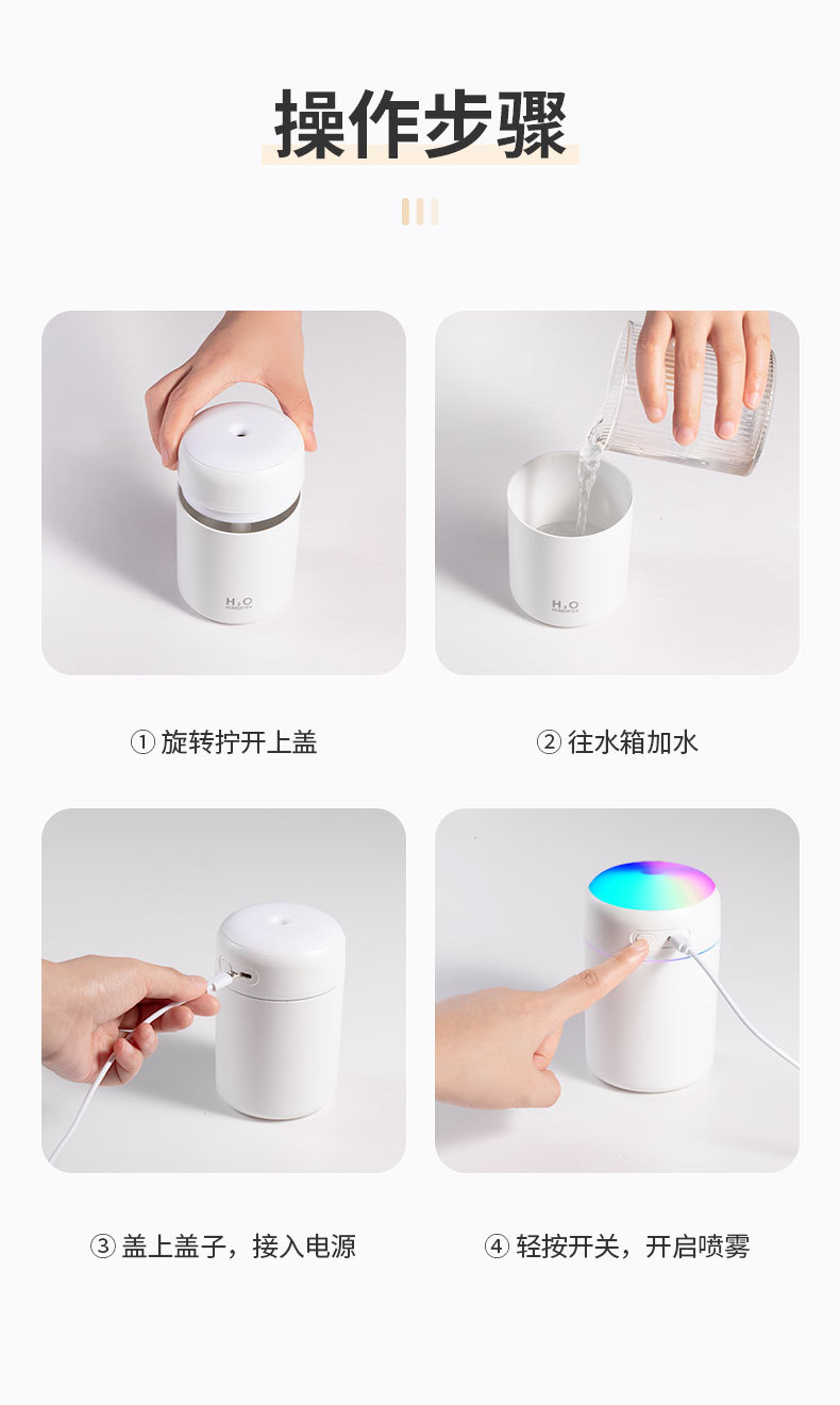 七彩夜灯USB室内空气加湿器插电车载氛围灯迷你香薰机喷雾器厂家详情3
