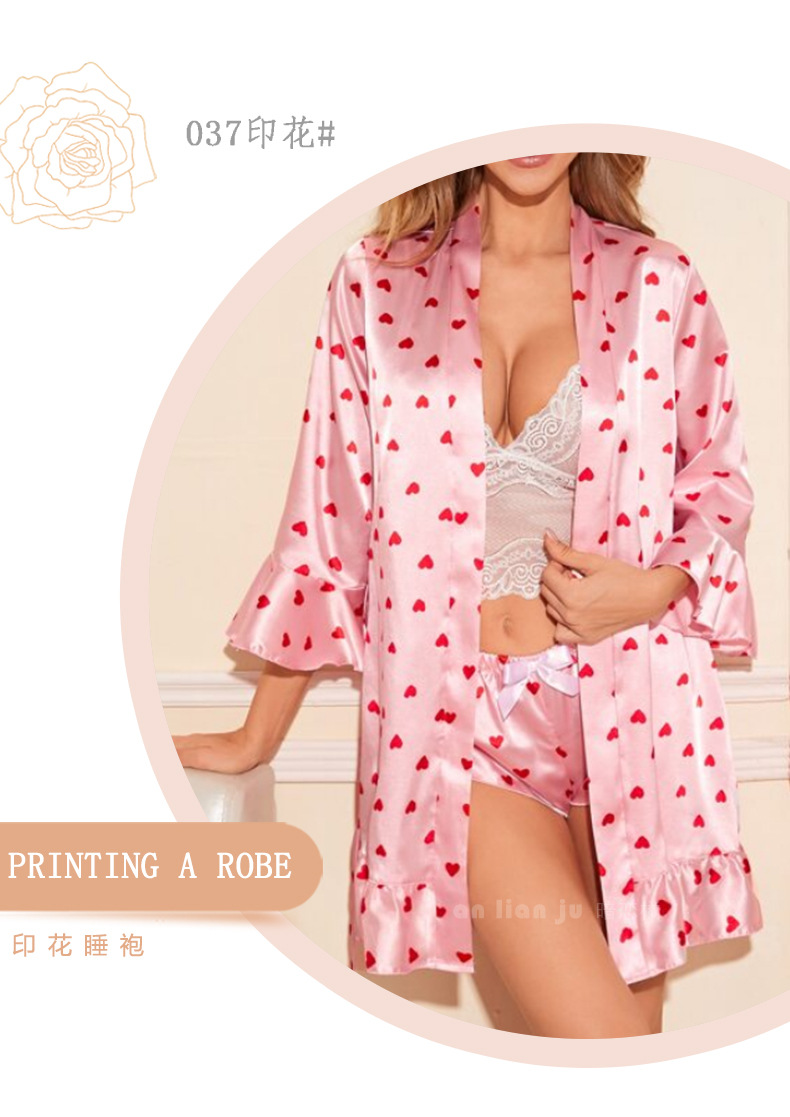 Amazon cross-border Sardinian printed leaf-edge pajamas for women, summer silk bathrobes and bathrobes for home wear 6057 pic 6