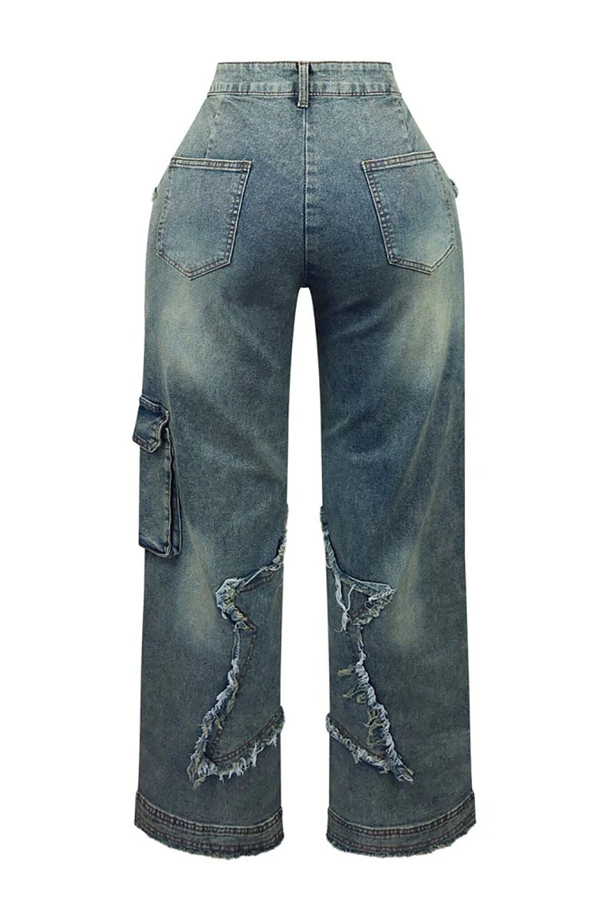 Transfronterizo europeo americano patchwork nicho diseño jeans chica caliente flecos pentacle flojo pantalones rectos pic 2