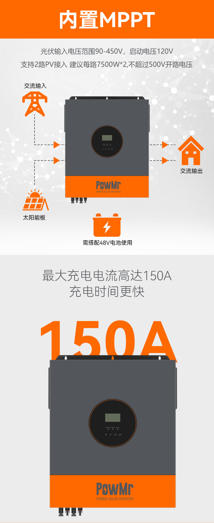 PowMr11KW48V three-phase solar inverter, off-grid and grid-connected hybrid integrated machine, cross-border electrical power supply equipment pic 2