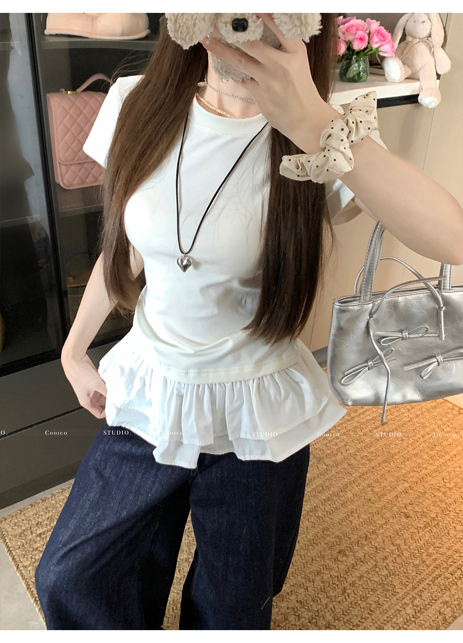 法式荷叶花边下摆拼接白色短袖t恤女夏季设计感修身正肩小衫上衣详情7