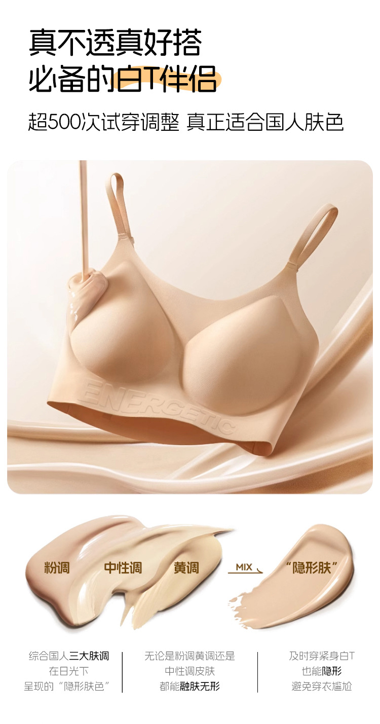幸爆款无痕粉底液内衣女隐形穿衣不透舒适无钢圈聚拢支撑吊带文胸详情3