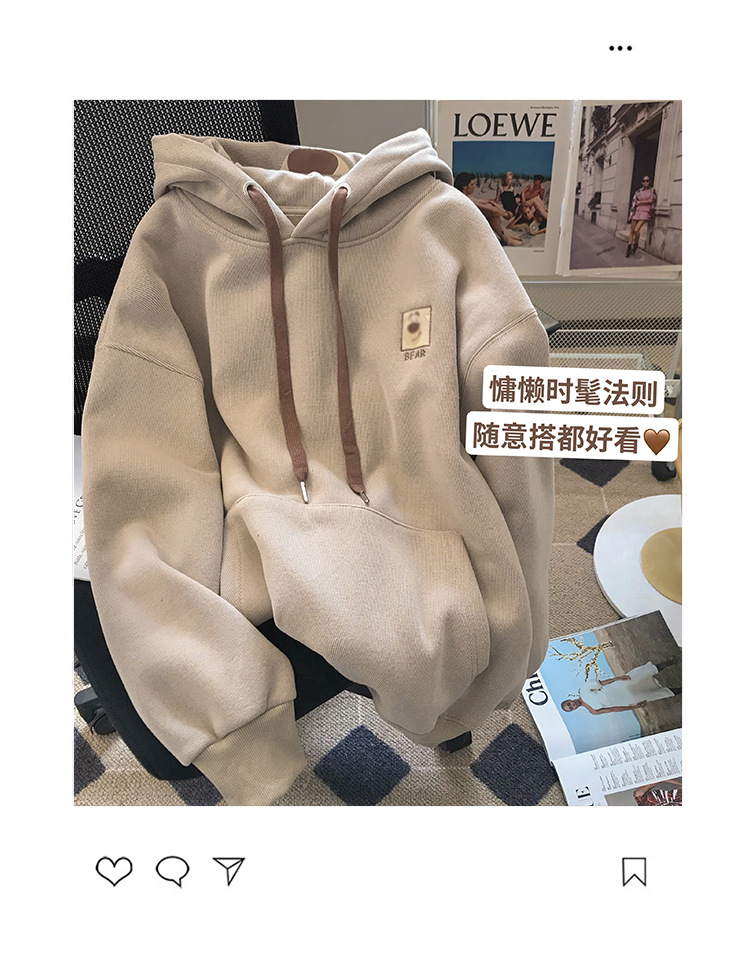 奶系加绒加厚刺绣小熊可爱连帽衫卫衣女秋冬vintage减龄宽松上衣详情4
