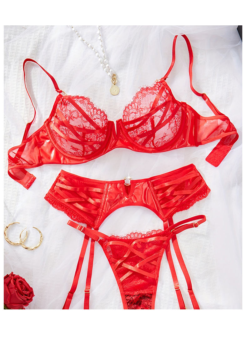 Red lace patchwork underwear three-piece set, memory soft steel ring sexy bra, underpants and garter set JR069 pic 12