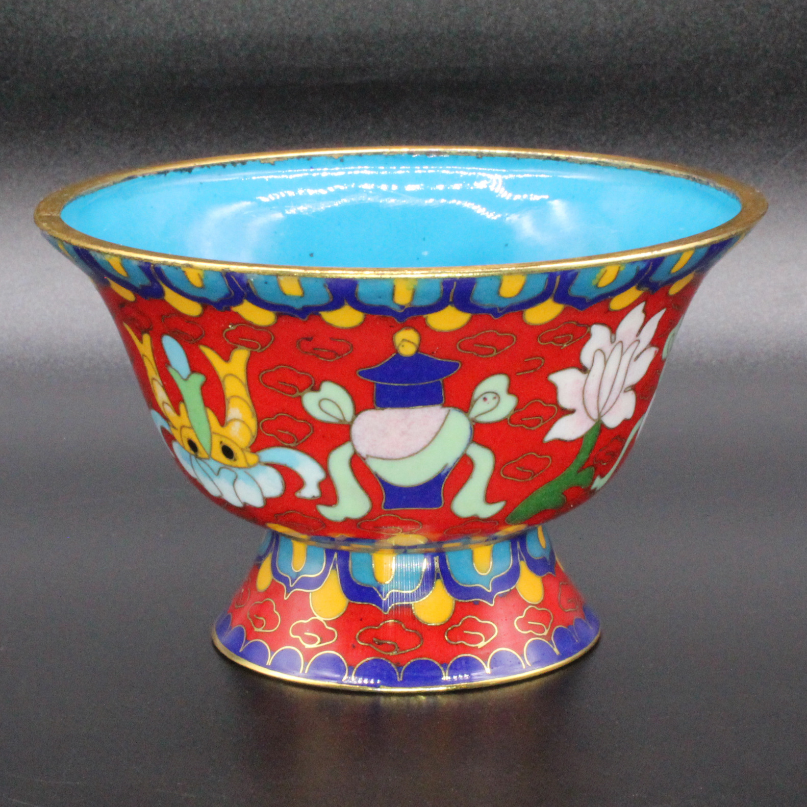 The cloisonne eight-treasure bowl is a traditional copper body, cloisonne enamel, polished, high-legged, eight-auspicious offering bowl and water bowl pic 12