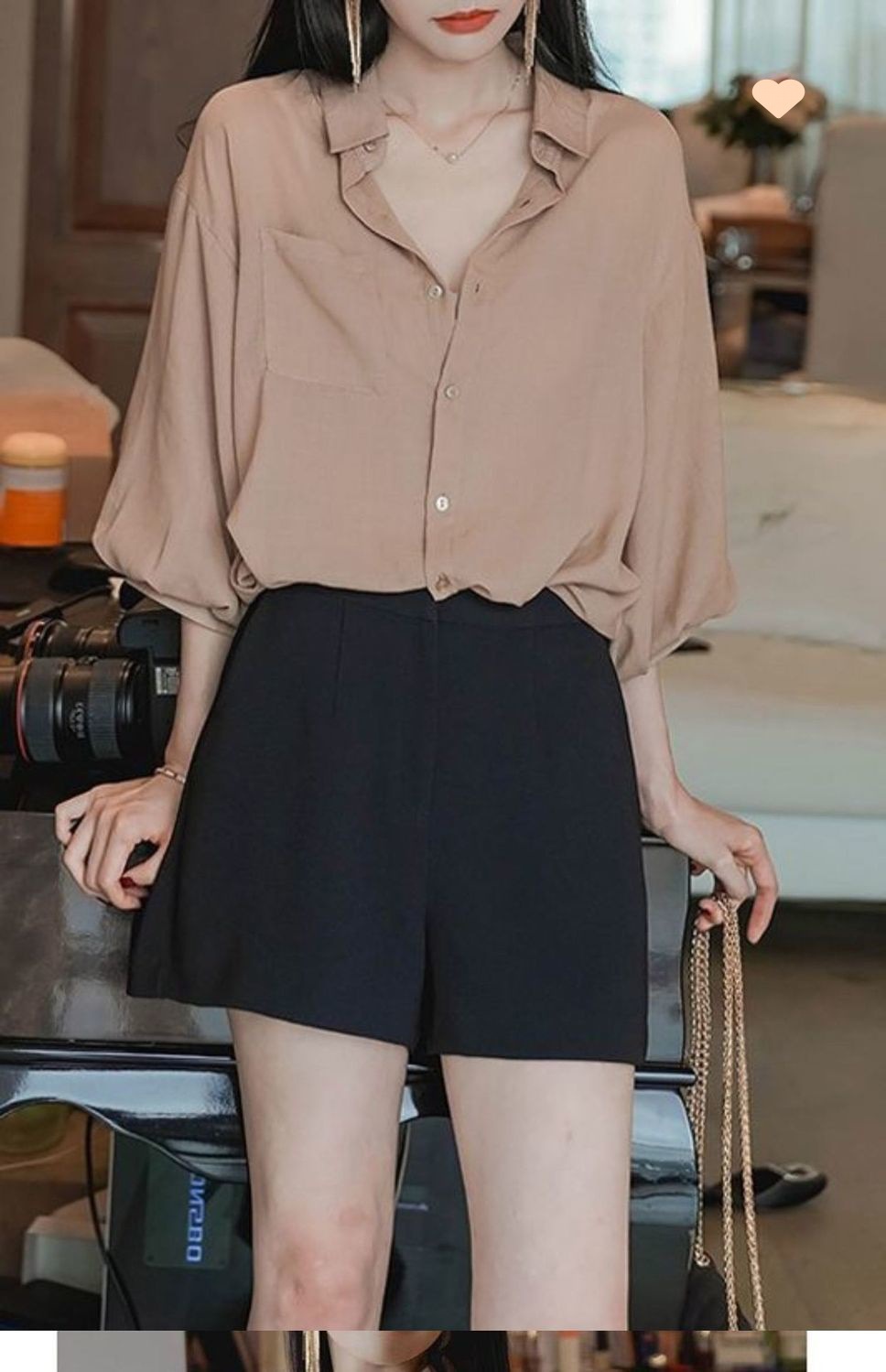 设计感灯笼袖衬衫女夏季新款韩版五分袖上衣复古宽松雪纺衬衣详情6