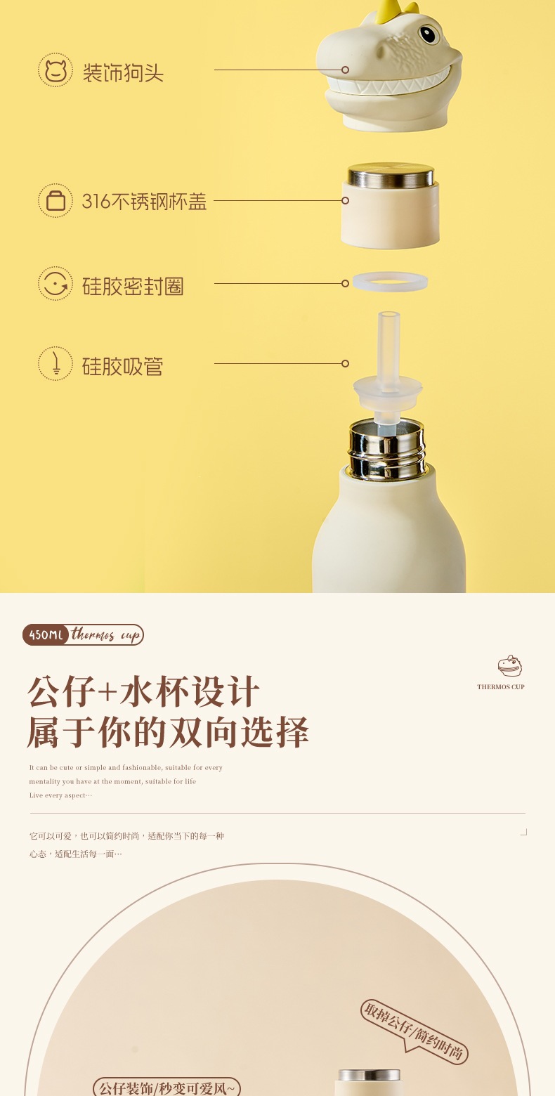 火爆跨境亚马硅胶霸王龙恐龙316不锈钢保温杯卡通动物头创意水杯详情9