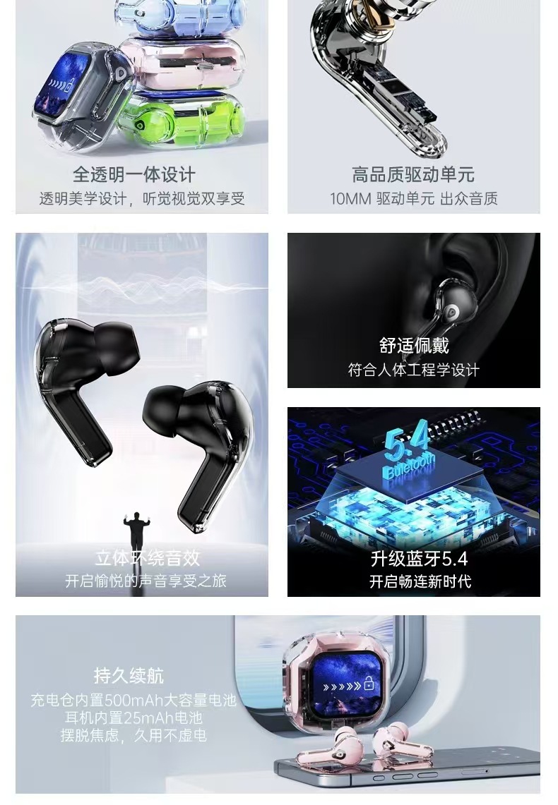 彩屏耳机Air Max蓝牙耳机透明款无线入耳式TWS触屏数显运动耳机详情5