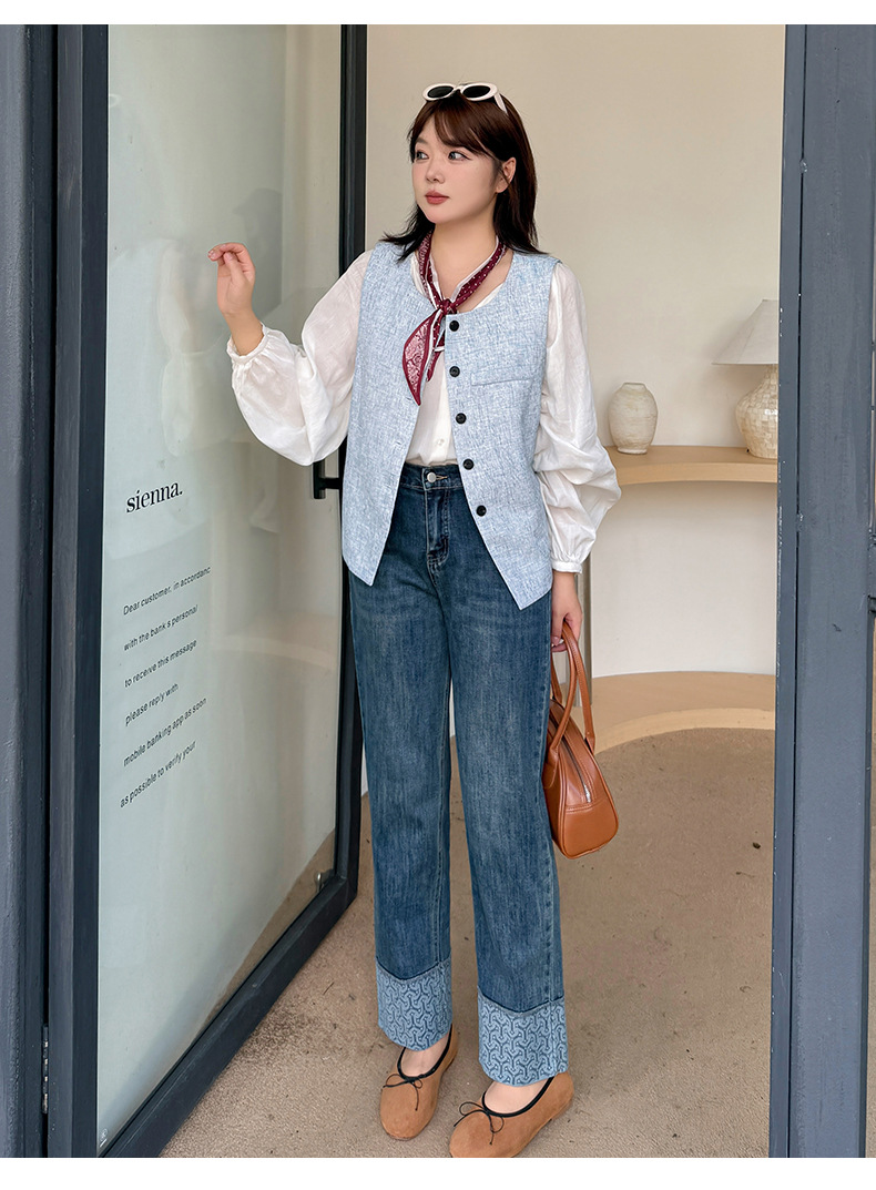 伊诺大码女装蓝色牛仔直筒裤女2025秋季新款百搭卷边法棍裤313081详情26