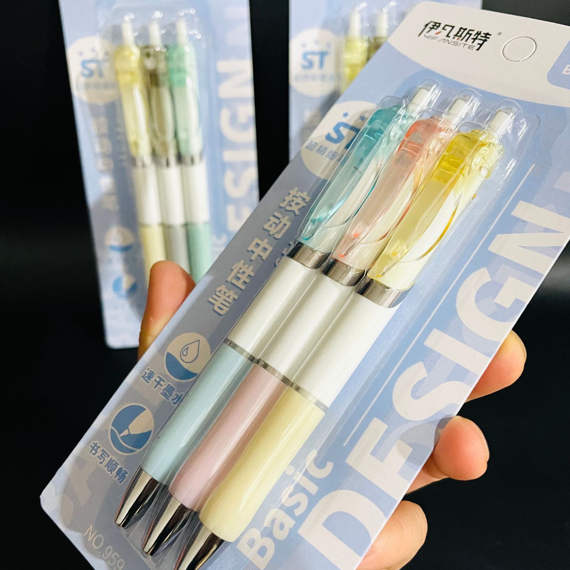 【 Zone 3-12 】959 (3 pens) 30 cards/pack 630 cards/piece 959-3 Pens Student Gel Pen Press Gel Pen Macaron Color Writing Black Pen 2 yuan wholesale pic 3