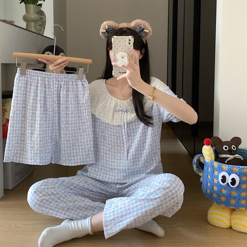 跨境外贸爆款三件套睡衣女短袖短裤长裤甜美大翻领蕾丝花边家居服详情14