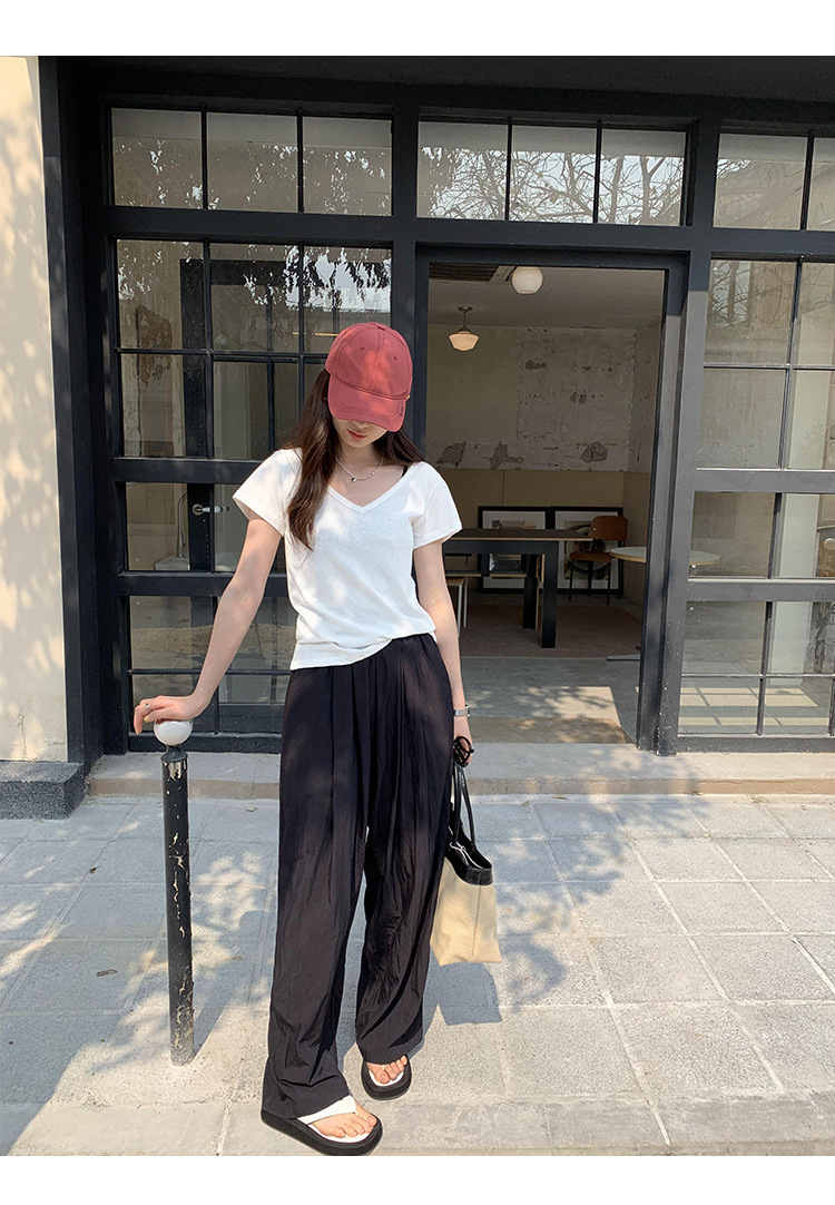 简约百搭V领纯色休闲短袖T恤女2024夏季新款轻薄透气宽松显瘦上衣详情12