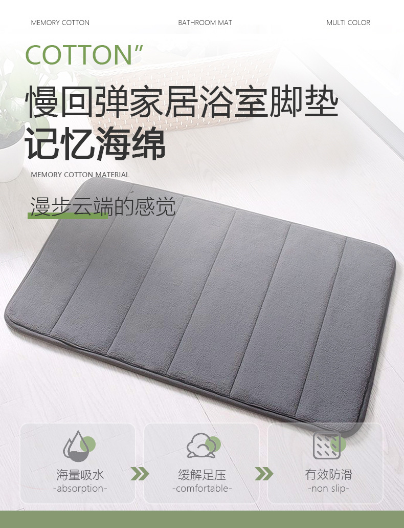 外贸跨境货源记忆海绵条纹纯色地垫浴室防滑吸水垫卫生间厕所脚垫详情1