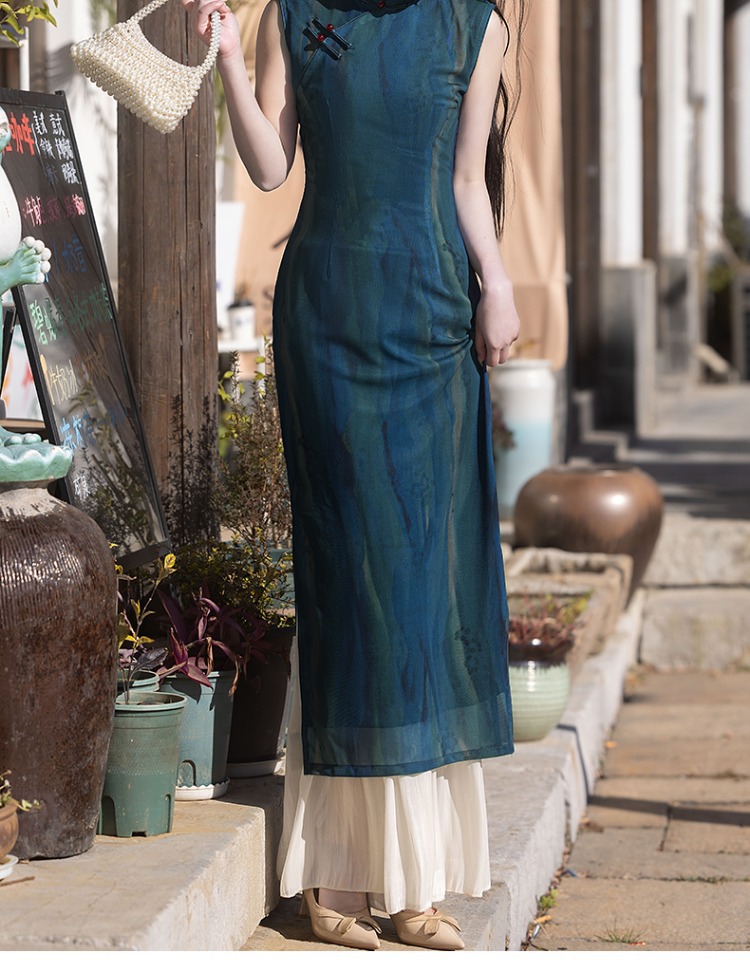 国潮蓝色无袖旗袍2025年新款夏季复古民国风老上海气质年轻款新中式女详情10